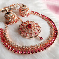 N0567_Beautiful rose gold choker necklace embellished with american diamond stones with a touch of dark pink stones.