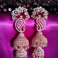 E0871_Ravishing grand layered peacock design rose gold jumkas with delicate stone work with a touch of red stone.