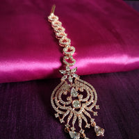 M032_Elegant designer rose gold American diamond studded Maang tika with delicate stone work.