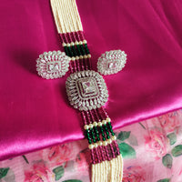 N0571_Classic designer colour full choker with square design pendant choker necklace set studded  with  American diamond stones with a touch of beads & pearls.