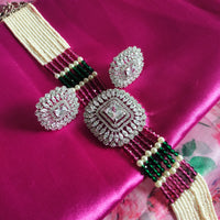 N0571_Classic designer colour full choker with square design pendant choker necklace set studded  with  American diamond stones with a touch of beads & pearls.