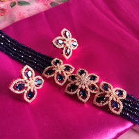 N0569_Classy navy blue crystal flower design choker necklace set studded with American diamond stones.