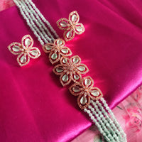 N0499_Classy sea green crystal flower design choker necklace set studded  with  American diamond stones.