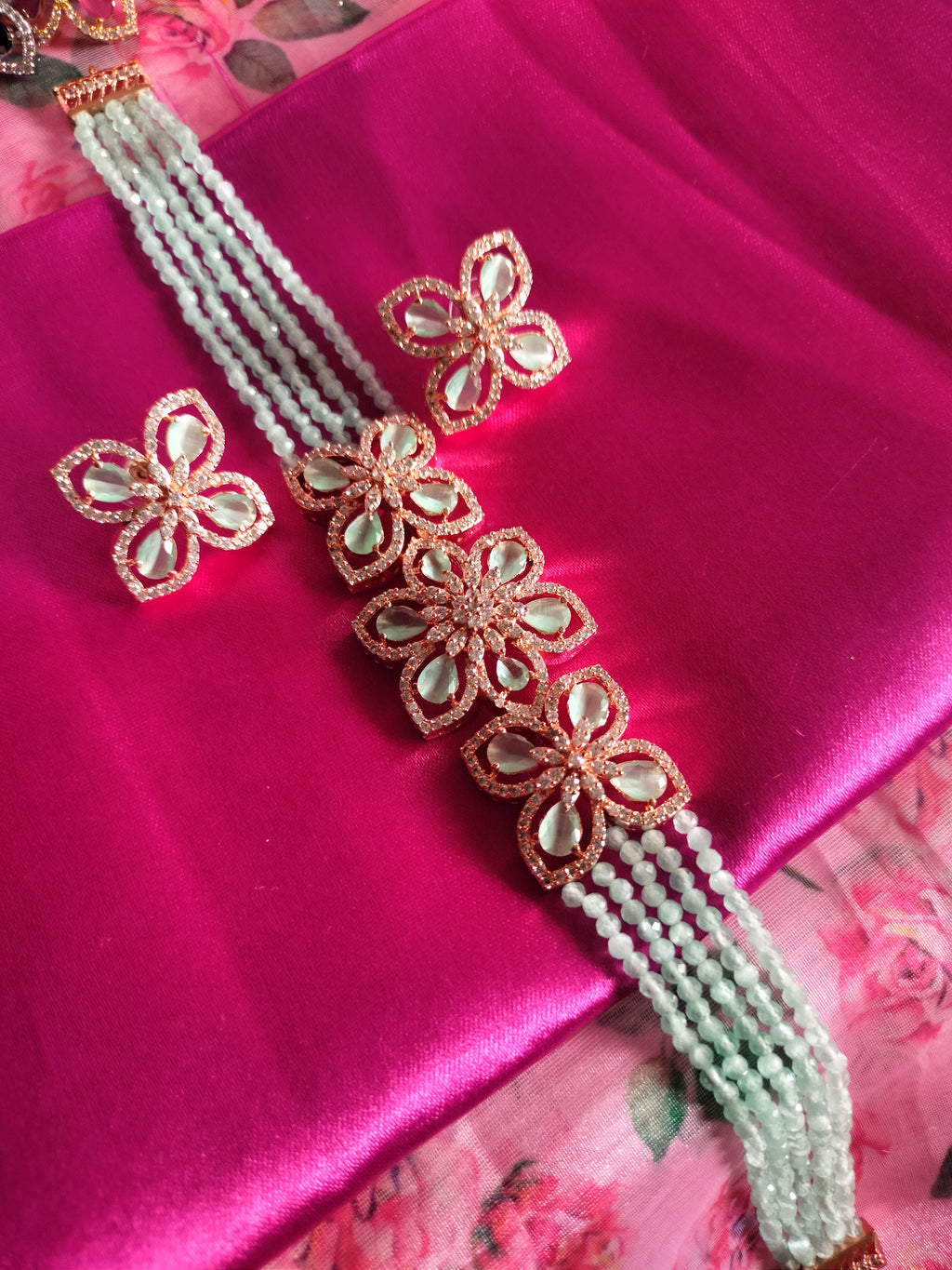 N0499_Classy sea green crystal flower design choker necklace set studded  with  American diamond stones.
