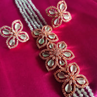 N0499_Classy sea green crystal flower design choker necklace set studded  with  American diamond stones.