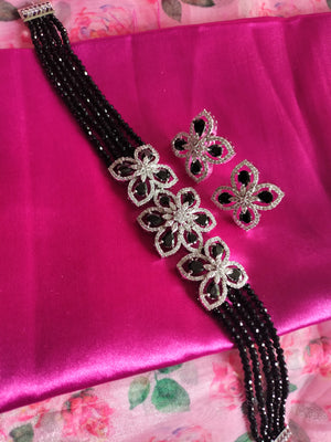 N0529_Classic designer crystal with floral design pendant choker necklace set studded  with  American diamond stones.
