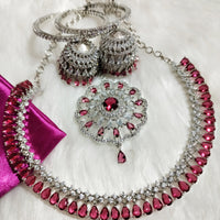 N0573_Gorgeous designer necklace embellished with american diamond stones with a touch of wine red stones.