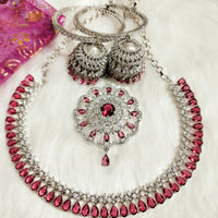 N0573_Gorgeous designer necklace embellished with american diamond stones with a touch of wine red stones.