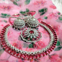 N0573_Gorgeous designer necklace embellished with american diamond stones with a touch of wine red stones.