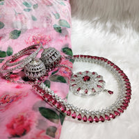 N0573_Gorgeous designer necklace embellished with american diamond stones with a touch of wine red stones.