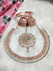 N0574_Elegant designer rose gold american diamond embellished necklace set with a touch of light green colour stones.