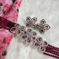 N0575_Classic designer crystal with floral design pendant choker necklace set studded  with  American diamond stones.