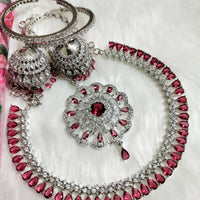 N0573_Gorgeous designer necklace embellished with american diamond stones with a touch of wine red stones.