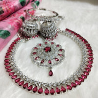 N0573_Gorgeous designer necklace embellished with american diamond stones with a touch of wine red stones.
