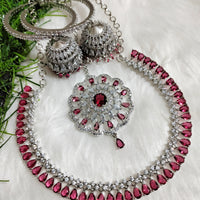 N0573_Gorgeous designer necklace embellished with american diamond stones with a touch of wine red stones.