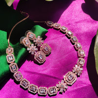 N0576_Lovely designer rose gold choker necklace embellished with american diamond stones.