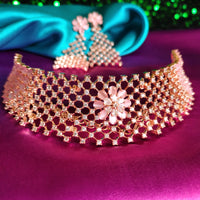 N0578_Classic broad designer rose gold choker necklace embellished with delicate work of American diamond stones.