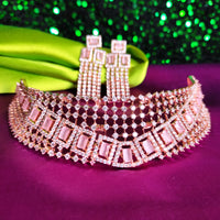 N0579_Classic broad designer rose gold choker necklace embellished with delicate work of American diamond stones.