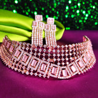 N0579_Classic broad designer rose gold choker necklace embellished with delicate work of American diamond stones.
