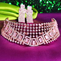 N0579_Classic broad designer rose gold choker necklace embellished with delicate work of American diamond stones.
