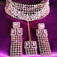 N0579_Classic broad designer rose gold choker necklace embellished with delicate work of American diamond stones.