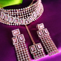 N0579_Classic broad designer rose gold choker necklace embellished with delicate work of American diamond stones.