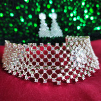 N0580_Classy broad flower design choker necklace embellished with american diamond stones.