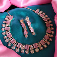 N0582_Lovely square design rose gold choker necklace embellished with delicate work of American diamond stones with a touch of pink stones.