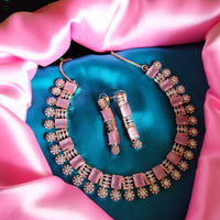 N0582_Lovely square design rose gold choker necklace embellished with delicate work of American diamond stones with a touch of pink stones.