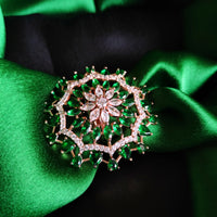 R077_Classic Grand circular design rose gold American Diamond studded statement ring with a touch of green stones.