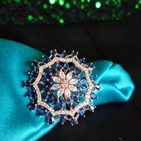 R080_Classic Grand circular design rose gold American Diamond studded statement ring with a touch of blue stones.