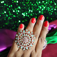 R079_Classic Grand circular design rose gold American Diamond studded statement ring with a touch of sea green  stones.