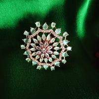 R079_Classic Grand circular design rose gold American Diamond studded statement ring with a touch of sea green  stones.