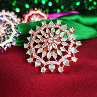 R079_Classic Grand circular design rose gold American Diamond studded statement ring with a touch of sea green  stones.