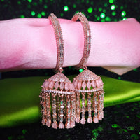 E0876_Ravishing grand layered designer rose gold  hoop jumkas with delicate stone work.