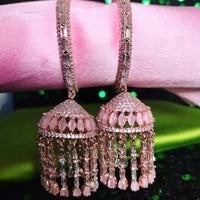 E0876_Ravishing grand layered designer rose gold  hoop jumkas with delicate stone work.