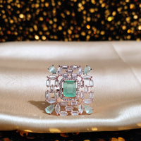 R085_Classy square design rose gold American Diamond studded statement ring with a touch of sea green stone.