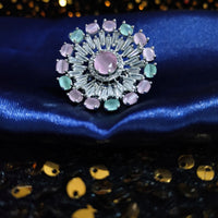 R086_Classy Grand circular design American Diamond studded statement ring with a touch of pink & sea green stones.