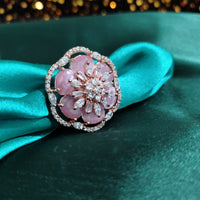 R088_Lovely flowery design rose gold American Diamond studded statement ring with delicate stone work.