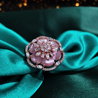 R088_Lovely flowery design rose gold American Diamond studded statement ring with delicate stone work.