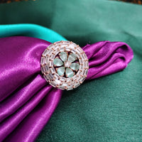 R091_Elegant flowery design circular rose gold American Diamond studded statement ring with a touch of sea green stones.