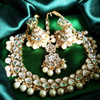 N0585_Royal Bridal style choker necklace set studded with Kundan stones with a touch of glossy pearls.