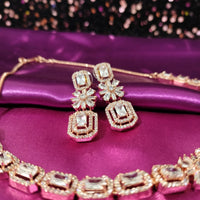 N0576_Lovely designer rose gold choker necklace embellished with american diamond stones.
