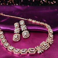 N0576_Lovely designer rose gold choker necklace embellished with american diamond stones.