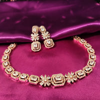N0576_Lovely designer rose gold choker necklace embellished with american diamond stones.
