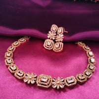 N0576_Lovely designer rose gold choker necklace embellished with american diamond stones.