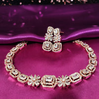 N0576_Lovely designer rose gold choker necklace embellished with american diamond stones.