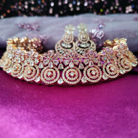 N0589_Lovely flower designer choker necklace embellished with american diamond stones with delicate stone work.