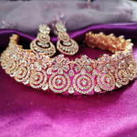 N0589_Lovely flower designer choker necklace embellished with american diamond stones with delicate stone work.