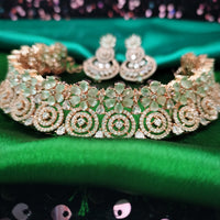 N0590_Lovely flower designer choker necklace embellished with american diamond stones with a touch of Sea green stones.